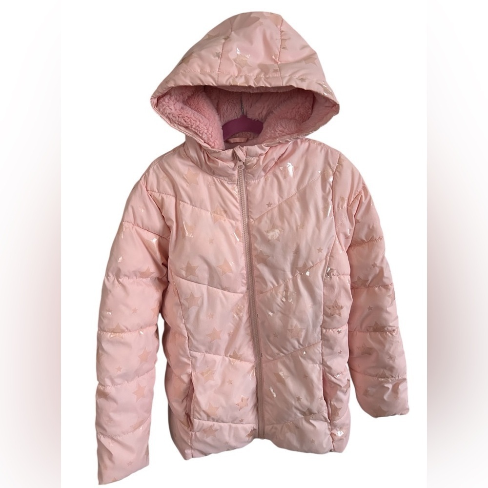 Swiss Tech Pink Star Print Hooded Puffer Jacket Girls Size L 10–12